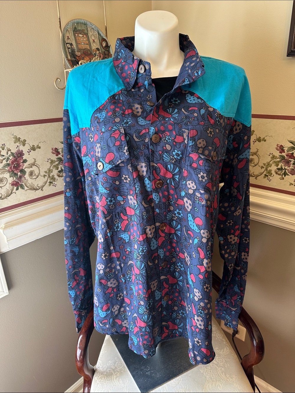 NWT Jayli 100% cotton mushroom & flowers button down long sleeve oversized shirt